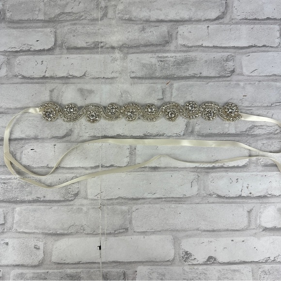 Rhinestone Bridal Belt Sash Off White Cream Colored Satin Ribbon - Picture 1 of 4